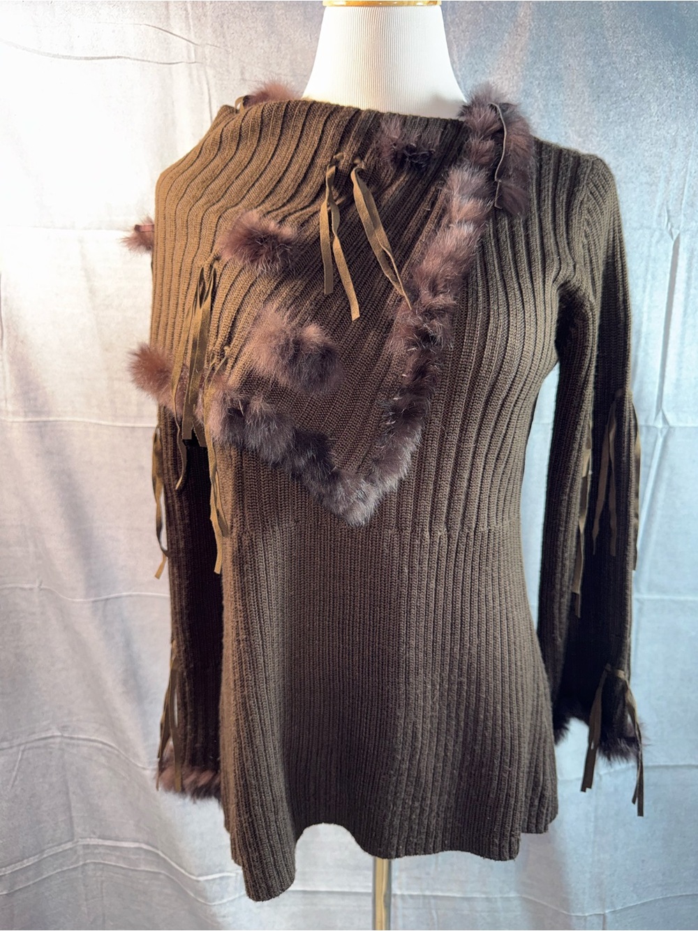 1512-Ruby Cho Off-the-Shoulder Brown Ribbed Sweater with Faux Fur Trim